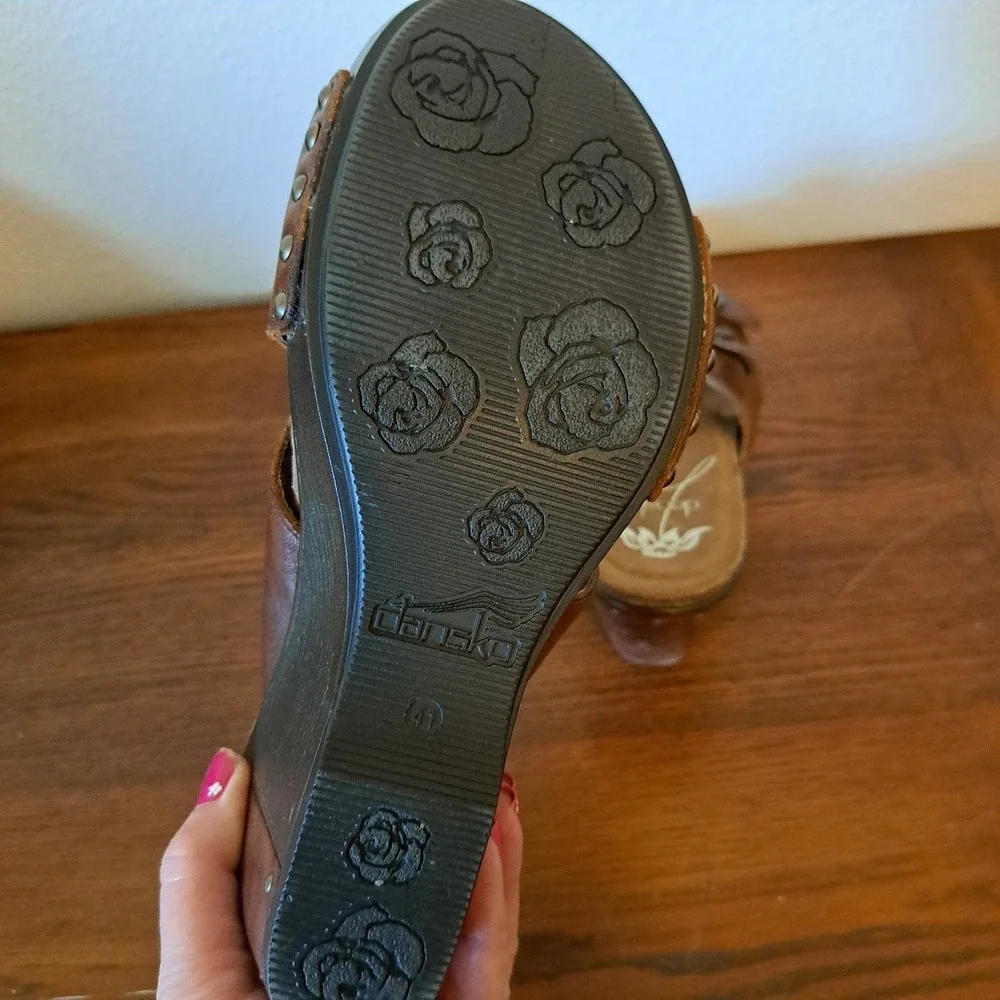 Dansko Brown Leather Double Buckle Wedge Sandals Mules Studded Womens 41